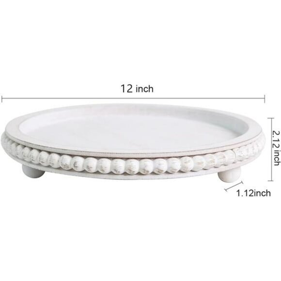 White round wood tray distressed beaded farmhouse decor coffee table accent - Picture 3 of 8